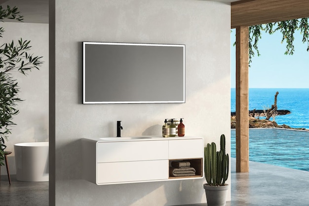 Modern bathroom with white walls, concrete floor and comfortable basin with black faucet,pool.