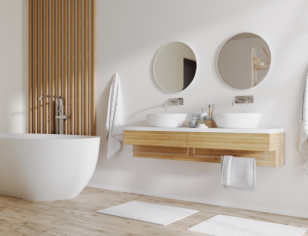 목재 디테일과 흰색 벽 욕조, 캐비닛 수건 목욕 액세서리 3d 렌더링이 있는 더블 세면대가 있는 현대적인 욕실
