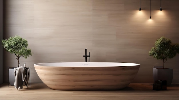 Современная ванная комната с деревянной панелью и настенной ванной