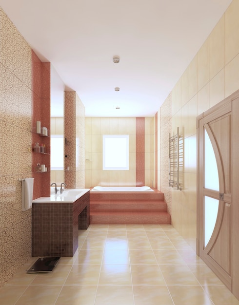 Modern bathroom in yellow and burgundy color with window. 3D rendering