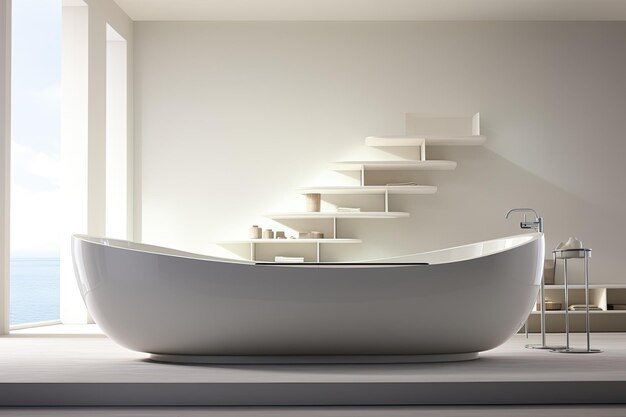 A modern bathtub that is separated from its surroundings set against a white background