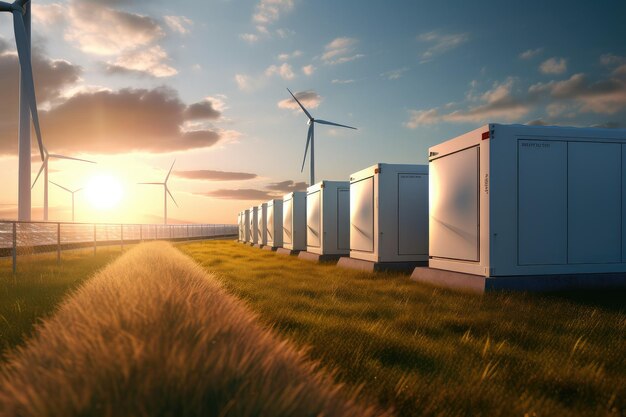 잔디밭에 풍력 터빈과 태양광을 갖춘 현대적인 배터리 에너지 저장 시스템