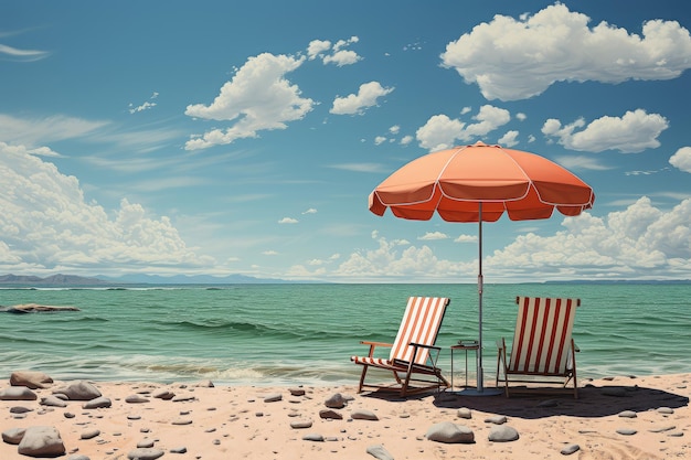 Modern Beach Chairs with Umbrella on a Sand Ocean Beach extreme closeup Generative AI