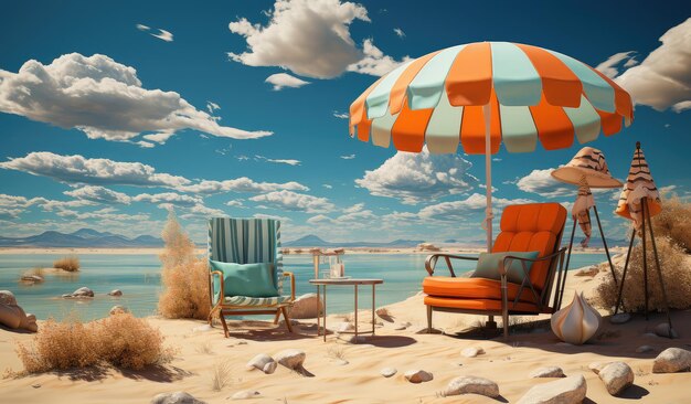 Modern Beach Chairs with Umbrella on a Sand Ocean Beach extreme closeup Generative AI