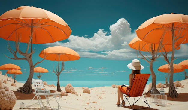 Modern Beach Chairs with Umbrella on a Sand Ocean Beach extreme closeup Generative AI