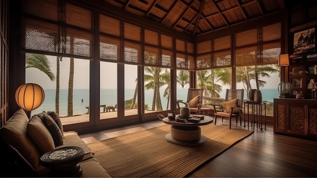 Современный дизайн интерьера пляжного домика с видом на океан с генеративным искусственным интеллектом
