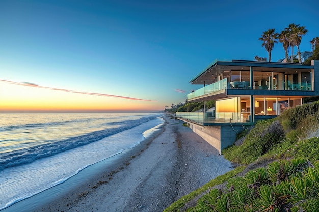 Photo a modern beach house with large windows offering a stunning view of the vast ocean a pictureperfect beach house overlooking a serene ocean ai generated
