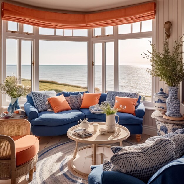 Modern beach living room design Peach and blue combination theme