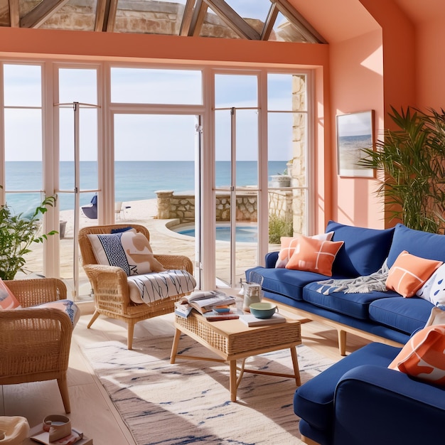 Photo modern beach living room design peach and blue combination theme