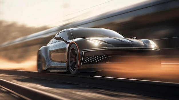 Modern beautiful fast race car sports car is driving fast on the road AI generated