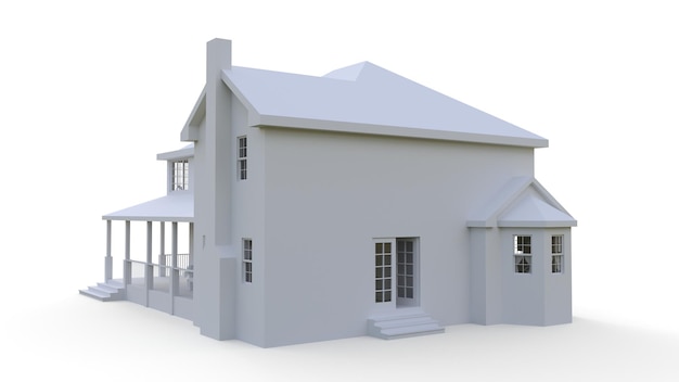 Modern beautiful house. A classic American cottage for a large family. 3D illustration