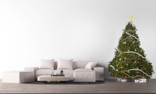 Modern beautiful living room interior design and christmas tree and white wall