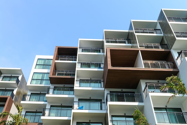 Modern beautiful luxury hotel resort building and blue sky in Pattaya city, Thailand