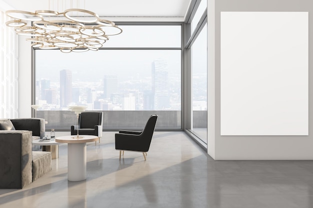 Современный красивый белый интерьер гостиной с пустым белым макетом плаката и окна с мебелью с видом на город и солнечным светом Роскошная концепция дизайна 3D Rendering