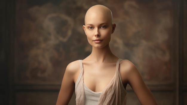 Modern beauty portrait of confident bald woman Girl with shaved head Happy strong woman who defeated cancer