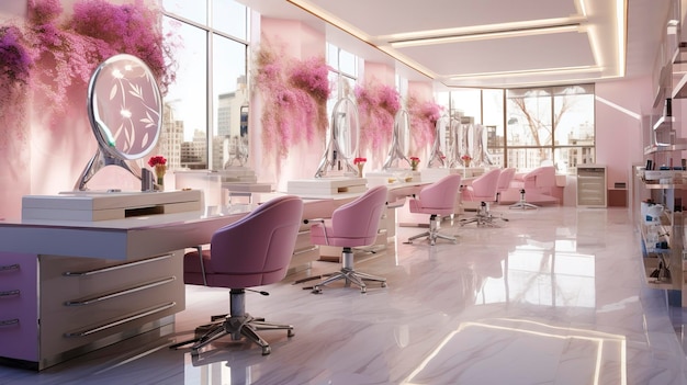 분홍색 의자, 세련된 거울, 활기찬 벽화 등 현대적인 미용실 인테리어