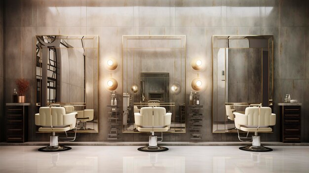 Modern beauty salon interior with pink chairs stylish mirrors and vibrant wall art