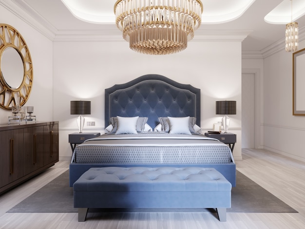 Modern bed in klassieke blauwe stijl met nachtkastje en lamp. Grote glazen kroonluchter over. Een dressoir met een decor en een gouden spiegel erboven. Moderne slaapkamer. 3D-rendering.