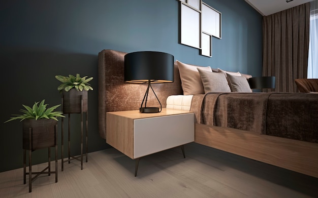 A modern bed with a soft headboard with a night table, a lamp and flowerpots near. 3D rendering.