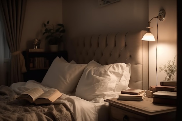 Интерьер современной спальни крупным планом с освещением