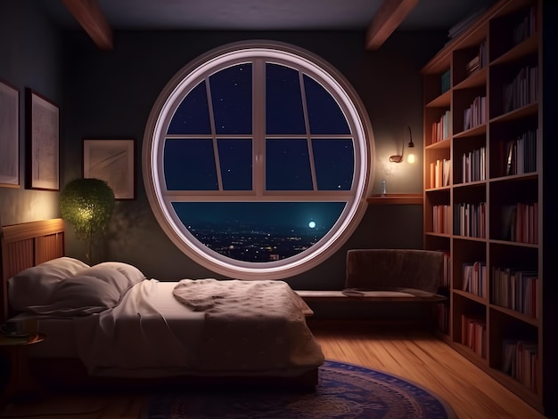 本棚と大きな窓で飾られたモダンなベッドルーム