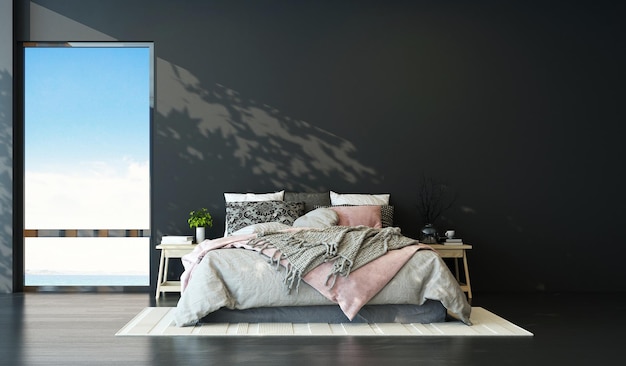 Modern bedroom and decorative mock up furniture and black empty wall texture background interior