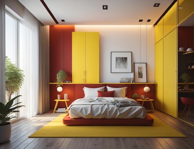 オレンジと赤の壁にガラスの壁を備えたモダンなベッドルームのデザイン