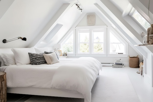 현대적인 침실 디자인고급 호텔 객실 흰색 침실의 더블 침대 3d 렌더링 Generative AI