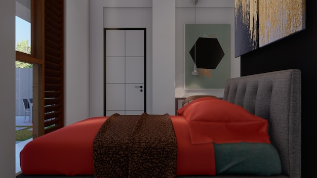 Foto mobili da camera da letto moderni interior design con opere d'arte mock up ispirazione illustrazione 3d