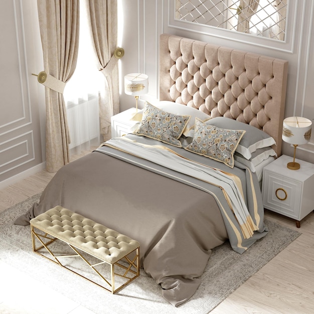 Modern bedroom interior in beige tones 3d rendering Empire style Top view