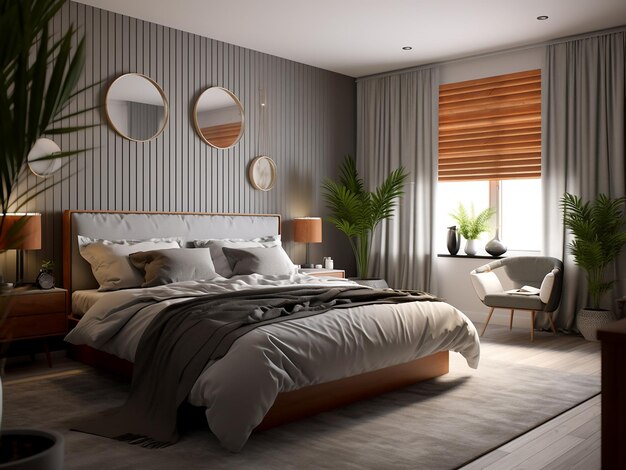 Modern bedroom interior boasting a bright welcoming ambiance AI Generated