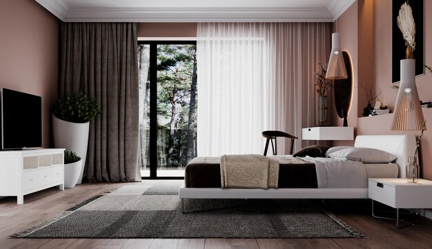 Modern bedroom interior design. 3D visualization. Luxurious interior. Bed on the background of a dec