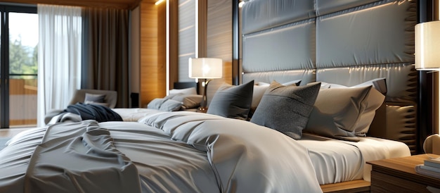 사진 침대 에 베개 가 있는 현대적 인 침실 인테리어 디자인 개념