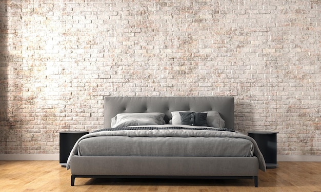 현대적인 침실 인테리어 디자인 및 조롱 장식 및 벽돌 패턴 벽 배경 3d 렌더링