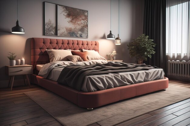 Modern bedroom interior design with gray walls wooden floor comfortable king size bed with two pillows ai generative