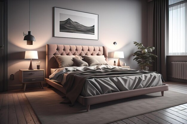 Modern bedroom interior design with gray walls wooden floor comfortable king size bed with two pillows ai generative