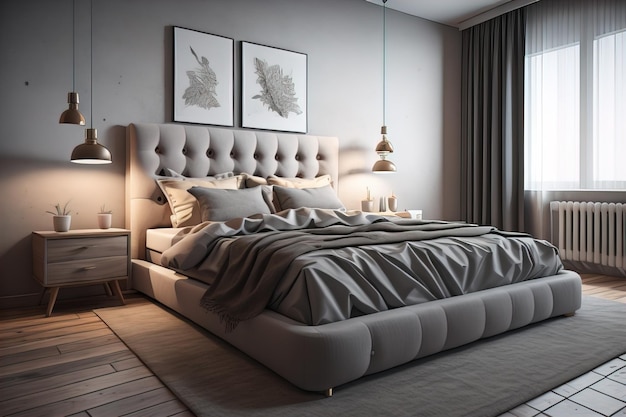 Современный дизайн интерьера спальни с серыми стенами деревянный пол удобная кровать king size с двумя подушками ai generative