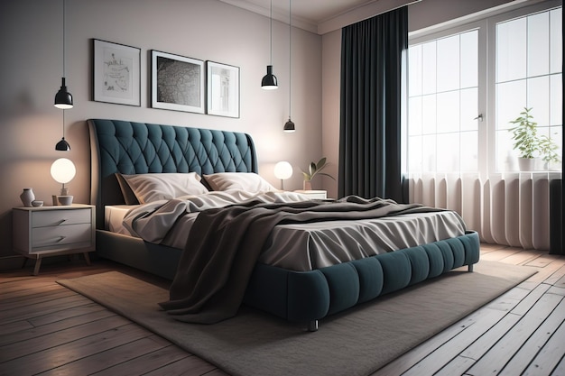 Современный дизайн интерьера спальни с серыми стенами, деревянный пол, удобная кровать большого размера с двумя подушками.