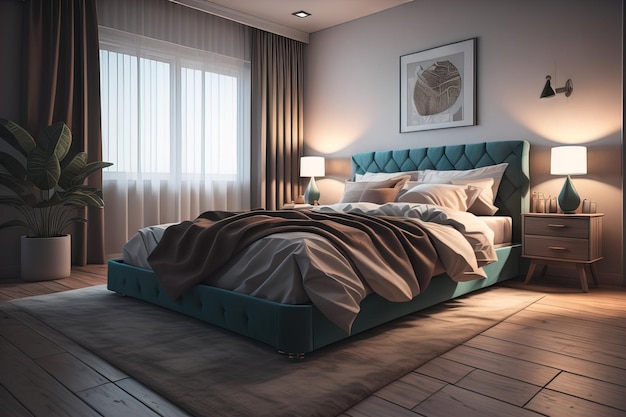 회색 벽으로 현대적인 침실 인테리어 디자인 나무 바닥 두 개의 베개를 가진 편안한 킹 사이즈 침대