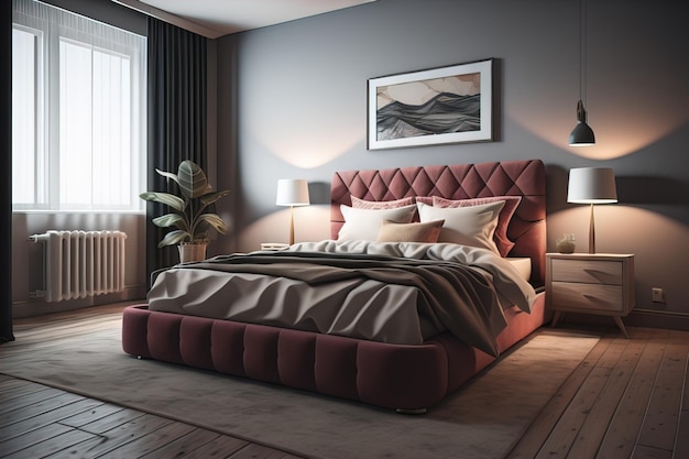 회색 벽으로 현대적인 침실 인테리어 디자인 나무 바닥 두 개의 베개를 가진 편안한 킹 사이즈 침대