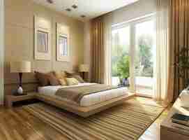 Photo modern bedroom interior design with large glass door and wooden bed