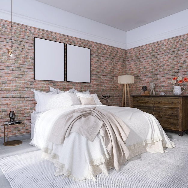 Modern bedroom interior design with two photo frame mockup, bed, red bricks background