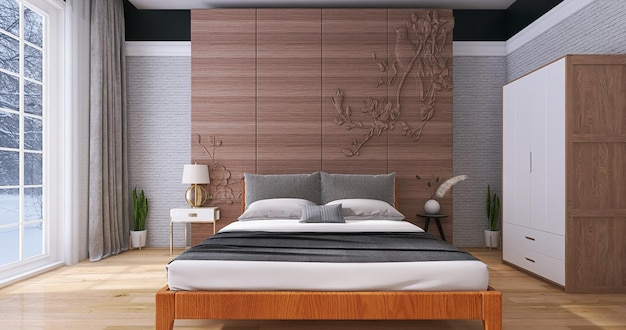 Modern Bedroom Interior Design with Wooden Bed and Designer Wooden Background