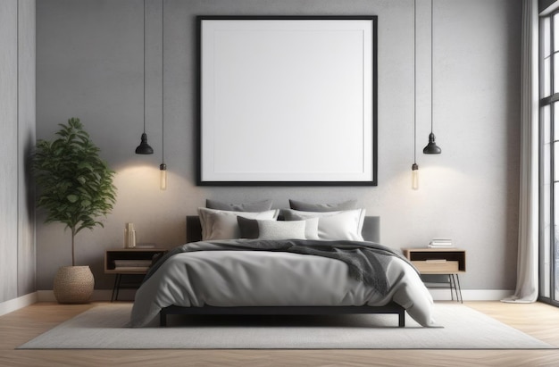 modern bedroom interior empty mockup picture frame on the wall double bed lots of pillows minimalist interior indoor plants gray shades
