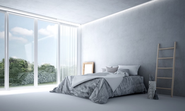 Modern bedroom interior and furniture decoration and empty concrete wall background and garden view