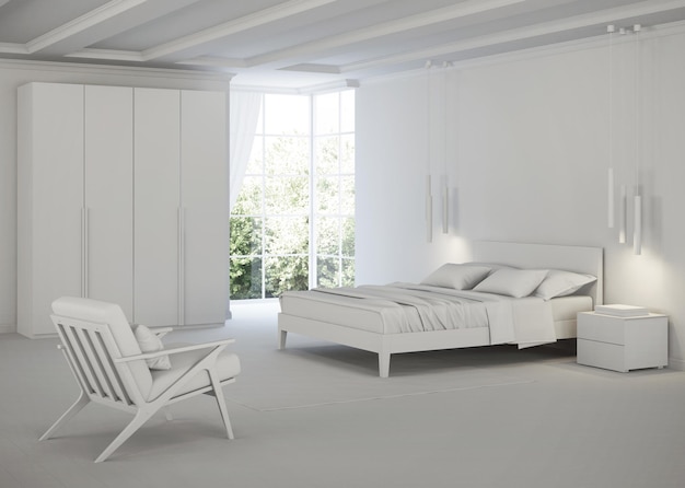 Interno moderno della camera da letto. interni grigi. rendering 3d.