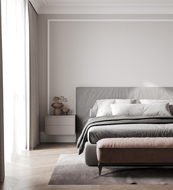 Modern bedroom interior in gray tones with pink pouf bedroom mock up 3d rendering