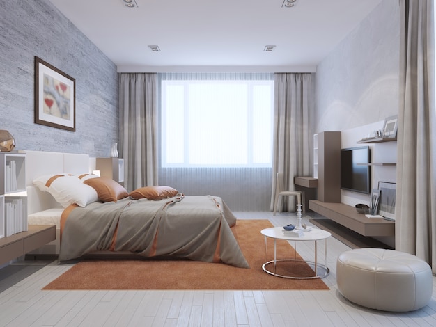 Modern bedroom interior in grey and orange colors
