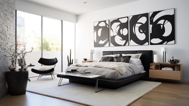 The modern bedroom interior in grey tones with view from window Generative AI AIG27