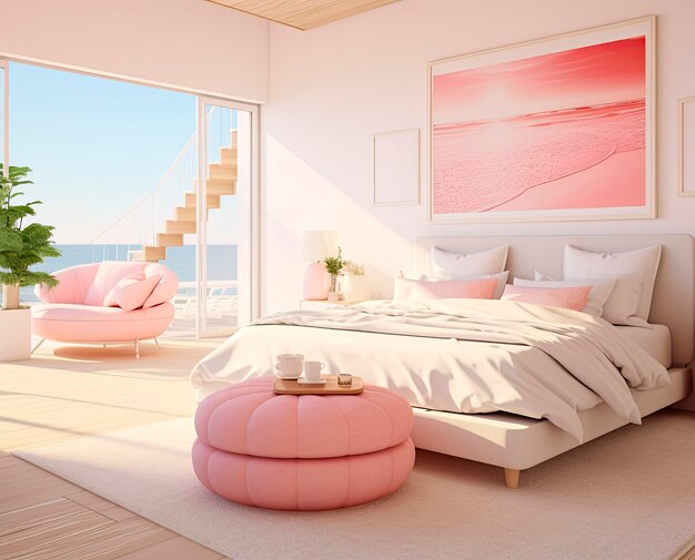 Photo modern bedroom interior in light pink for valentines day romantic setting